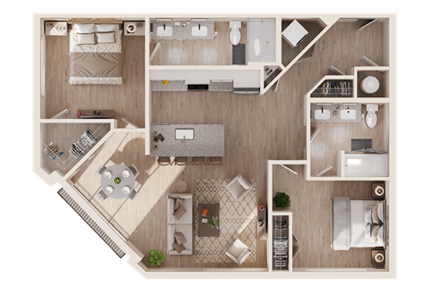 Floor plan for 2 beds, 2 baths, 1098 sqft